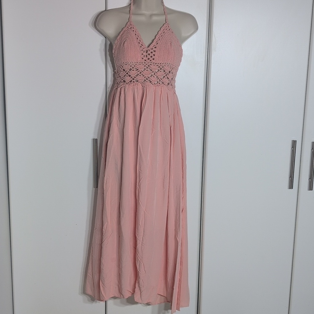 Crochet Halter Dress Size XS Color Peach/Pink
